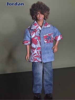 Beach themed doll shirt with light blue denim - OOAK